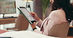 Remote work, hands and woman on tablet in home office for planning law case, research data and stats. Digital technology, screen and scroll with freelance attorney with legal analytics for evidence