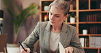 Documents, writing and mature business woman with laptop for research, planning and proposal. Professional, finance consultant and person search paperwork for report, budget review and information