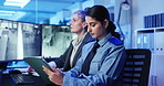 Women, security and tablet in surveillance office for writing, planning and strategy by monitor. People, computer screen and typing with feedback on application, advice and notes for safety services