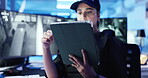 Security, guard and woman with tablet for monitor app, video and observation at night. Officer, cctv station and technology in control room for surveillance, watch footage and protection for safety