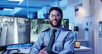 Security guard, face and man with footage, office and service for safety with surveillance and system. CCTV, law enforcement and person with tech for inspection, screen and protection in control room