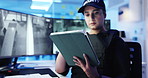 Security, guard and woman with tablet for surveillance app, video and observation at night. Officer, cctv station and technology in control room for monitor, safety and watch footage for protection