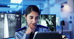 Security, safety officer and woman with tablet for cctv, thinking or problem solving at night. Guard, monitor station and technology in control room for surveillance, watch video and protection plan