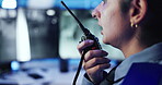 Talking, security guard and woman with radio, surveillance and inspection of footage on monitor and night. Control room, law enforcement and person with tech for communication, service and protection