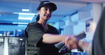 Woman, security and shaking hands in office for hiring with paperwork, guard and people. Night shift, handshake and agreement for cctv deal, secret contract or safety partnership for surveillance