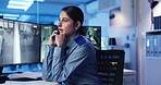 Security guard, phone call and surveillance on screen, camera and service for safety with footage. Night, law enforcement and person with tech for inspection, talking and video in control room