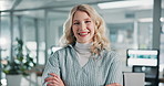Face, confidence and happy business woman in office, creative worker or news editor. Portrait, smile or professional employee with arms crossed, investigative journalist or reporter at startup in USA