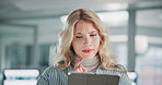 Thinking, office and business woman on tablet for research, kpi report and website search. Company consultant, professional worker and person on digital tech for proposal, seo project and review