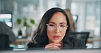 Business, decision and woman in office, computer and glasses with online reading, choice or accounting. Person, problem solving or financial advisor with pc, idea or eyewear with research for economy