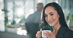 Business, woman and drink coffee in office for morning start, work break and beverage for creative career. Thinking, person and journalist smile for project idea, planning and espresso of opportunity