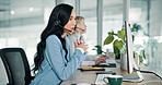 Callcenter, phone call and woman in office for customer service, headset and conversation at help desk. Advisor, agent or virtual assistant in client care, online account support or crm consulting.