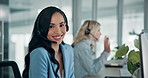 Call centre, face and woman with headset, confident and smile for customer care, online and business. Telemarketing, representative and person with tech for consultation, happy and employee in office