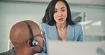 Call center, man and training with customer service, manager discussion and headset in office. Telemarketing, teamwork and client support for sales growth, consulting and conversation with woman