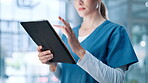 Healthcare, tablet and woman with hands of nurse in hospital for review of information or records. Medical, scrolling and telehealth with medicine professional in clinic for diagnosis or results
