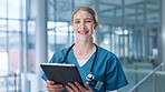 Face, healthcare and tablet with nurse in hospital for review of information or records. Medical, stethoscope and telehealth with medicine professional in clinic for diagnosis, feedback or results