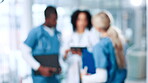 Bokeh, nurse or doctors in hospital for meeting, planning or health treatment results for help. Blurry, teamwork and people in discussion for medical advice, clinic schedule or diagnosis research