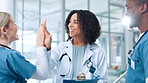 Healthcare, doctors or happy nurses high five in hospital for good news, goals or teamwork achievement. Medical results, collaboration or people celebrate for virus cure discovery or health success