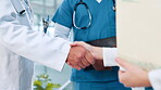 Handshake, nurses or doctors in meeting with closeup for introduction, medicine help or health treatment. Hospital, teamwork or people shaking hands for medical support, greeting and clinic research