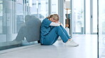 Woman, healthcare and sad nurse in hospital with regret, doubt and overwhelmed in career. Tired, stress and medical professional with depression in lobby for treatment fail, bad news and patient loss