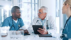Medical, mature or doctors in meeting with tablet, planning or health treatment results in hospital. Group, teamwork or people in discussion for healthcare, clinic schedule and diagnosis research