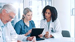 Doctors, medical team or people in discussion with tablet, planning and health treatment results in group. Talking, collaboration or nurses in clinic for healthcare, schedule or diagnosis research
