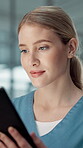 Tablet, nurse and smile with woman in hospital for patient records, medical history and clinical notes. Telehealth report, insurance and ultrasound results with person in clinic for healthcare app