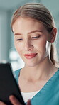 Tablet, nurse and reading with woman in hospital for patient records, medical history and clinical notes. Telehealth report, insurance and ultrasound results with person in clinic for healthcare app