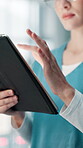 Tablet, scroll and hands of person in hospital for patient records, medical history and clinical notes. Telehealth report, insurance and ultrasound results with closeup of healthcare worker or nurse