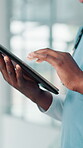 Tablet, hands and medical with man in hospital for surgery schedule, treatment plan and research. Anatomy app, patient insurance and healthcare diagnosis with closeup of nurse in clinic for scroll