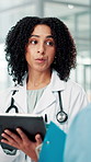 Woman, doctor and talk with tablet at hospital for planning, feedback and medical results of surgery. Surgeon, discussion and digital for staff update, healthcare report and brainstorming of solution