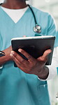 Hands, person and doctor with tablet at hospital for planning, feedback and medical results of surgery. Surgeon, talking and digital with staff update, healthcare report and brainstorming of solution