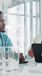 People, doctors and meeting on tablet at hospital for planning, feedback and medical results of surgery. Men, talking and digital with schedule update, healthcare report and brainstorming of solution