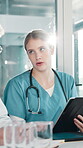Woman, explain and meeting with doctor on tablet for planning, feedback and medical results of surgery. People, talk and digital with schedule update, healthcare report and brainstorming for solution