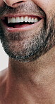 Mouth, beard and man with hair care, funny and dermatology with grooming, morning routine and cosmetics. Person, closeup or model with confidence, aesthetic or wellness with humor, laugh or treatment