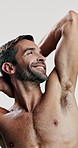 Studio, shirtless and skincare for man, body and facial treatment for glow of skin and dermatology. White background, grooming and person with routine for self care, relax or confident with cosmetics