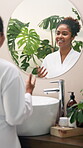 Happy, talking and mirror with woman in bathroom for motivation speech, morning routine and self love. Inspiration, reflection and empowerment with person at home for confidence and mental health 