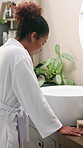 Sad, think and woman with depression in bathroom for mental health challenge, lonely or worry. Anxiety, home or unhappy African person with reflection for body image crisis, stress or low self esteem