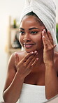 Beauty, woman and check face in mirror for acne treatment results, natural glow and skincare benefits. Reflection, african person and happy with skin inspection for spot healing and self care in home