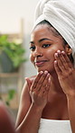 Beauty, girl and check face in mirror for skincare treatment results, acne control or cosmetics benefits. Reflection, african person and smile with morning routine inspection for glowing skin in home