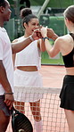 Talking, friends and padel tennis with people on court for competition, challenge and training. Wellness, workout and health with group in sports club for energy, exercise and tournament practice