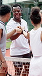 Laughing, friends and padel tennis with people on court for competition, challenge and training. Wellness, workout and funny with group in sports club for energy, exercise and tournament practice