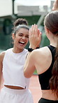 Athlete, friends and team with high five on tennis court for match success, winner and partnership. Active, women and people with smile for tournament achievement, game victory or celebration support