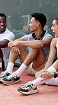 Tennis, people and friends laugh on sports break for game, funny story or discussion outdoor. Player, athlete and conversation on court for fitness joke, relax and group rest after training together