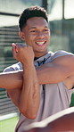 Happy man, tennis player and fitness with stretching for sport, game or match preparation on outdoor court. Male person, athlete or friends in warm up or getting ready for physical exercise together