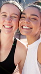 Happy women, face and tennis player with hug for selfie, photography or picture together on outdoor court. Portrait, female people or athlete with smile for memory, capture moment or friendly game
