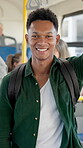 Smile, student and face of man on bus for college commute, shuttle service and metro travel. University journey, public transportation and passenger or person on vehicle for explore and traffic