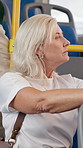 Bus, thinking and travel with mature woman, public transportation and city service. Senior person, morning commute and passenger with ideas, calm and urban journey with wonder, choice and thoughtful