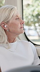 Bus, travel and woman with earphones, music and listening to audio for journey, commuting and relax. Sightseeing, passenger and mature person with tech for streaming song, window and public transport