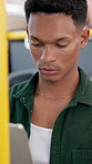 Transport, man and travel on bus with tablet for ride schedule, morning commute or location share. Person, passenger or digital app for journey, web streaming or online traffic report with connection