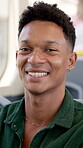 Face, student and commute with man on bus for college travel, shuttle service and urban metro. University journey, public transportation and passenger or person on vehicle for explore and traffic